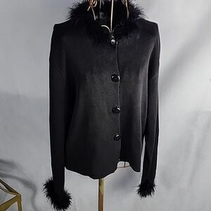 Feather Trimmed Black Knit Long Sleeved Button Cardigan Holiday Glamorati